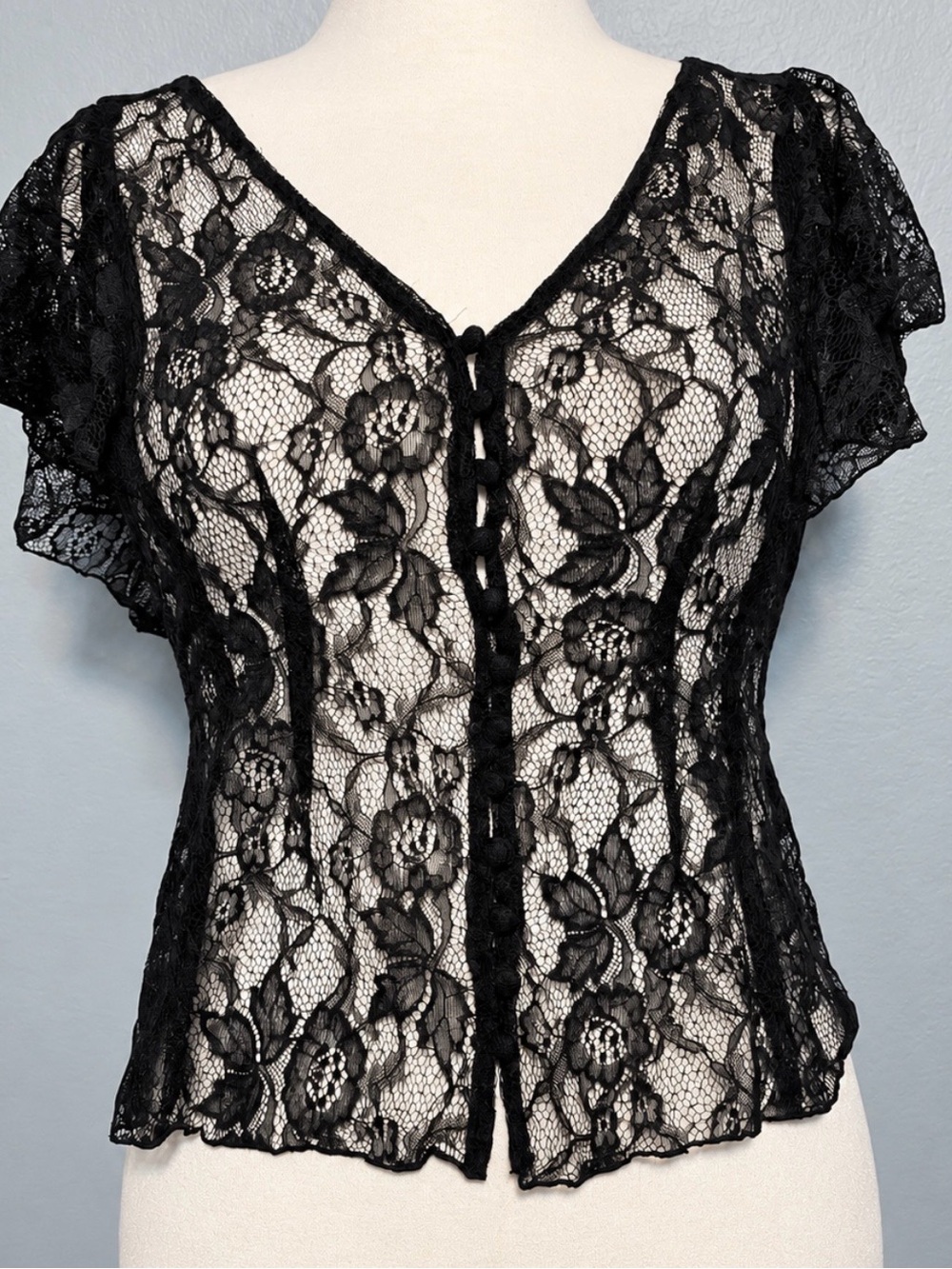 H&M Black Floral Lace Blouse Sheer Button Front Ruffle Sleeve Coquette Size 10